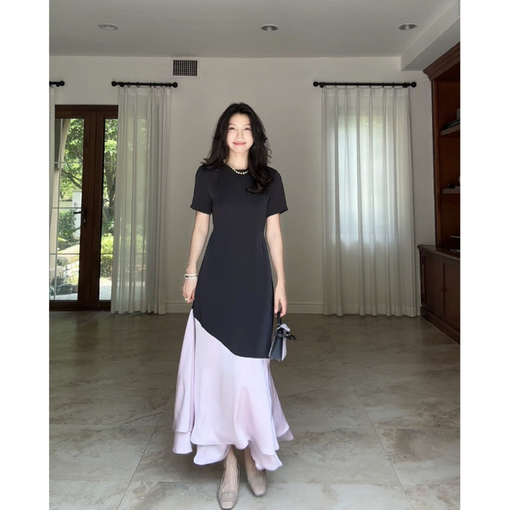 ASAYA3529 French style simple temperament short-sleeved satin contrast color waist slim round neck dress