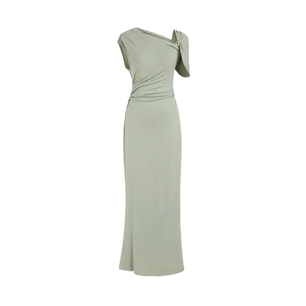 SUK Classic Romance Asymmetrical Off shoulder Dress Waist Pleated Slim Fit Knit Stretch Skirt Summer image 7