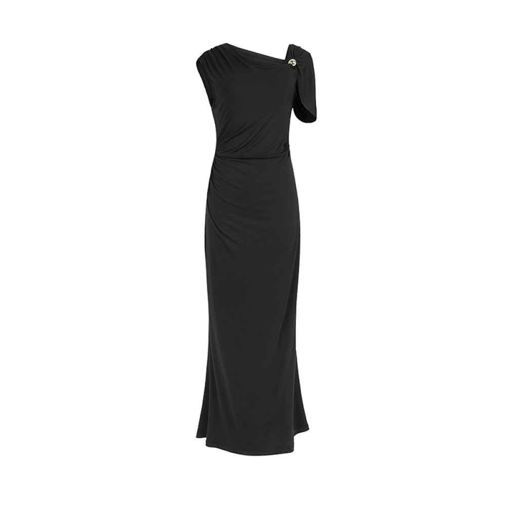 SUK Classic Romance Asymmetrical Off shoulder Dress Waist Pleated Slim Fit Knit Stretch Skirt Summer image 15
