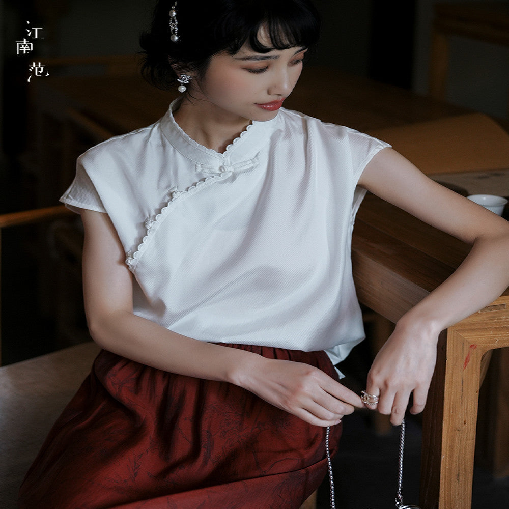 Jiangnan style new improved white short sleeved cheongsam top 2024 summer temperament all match Chinese tea dress blouse image 1