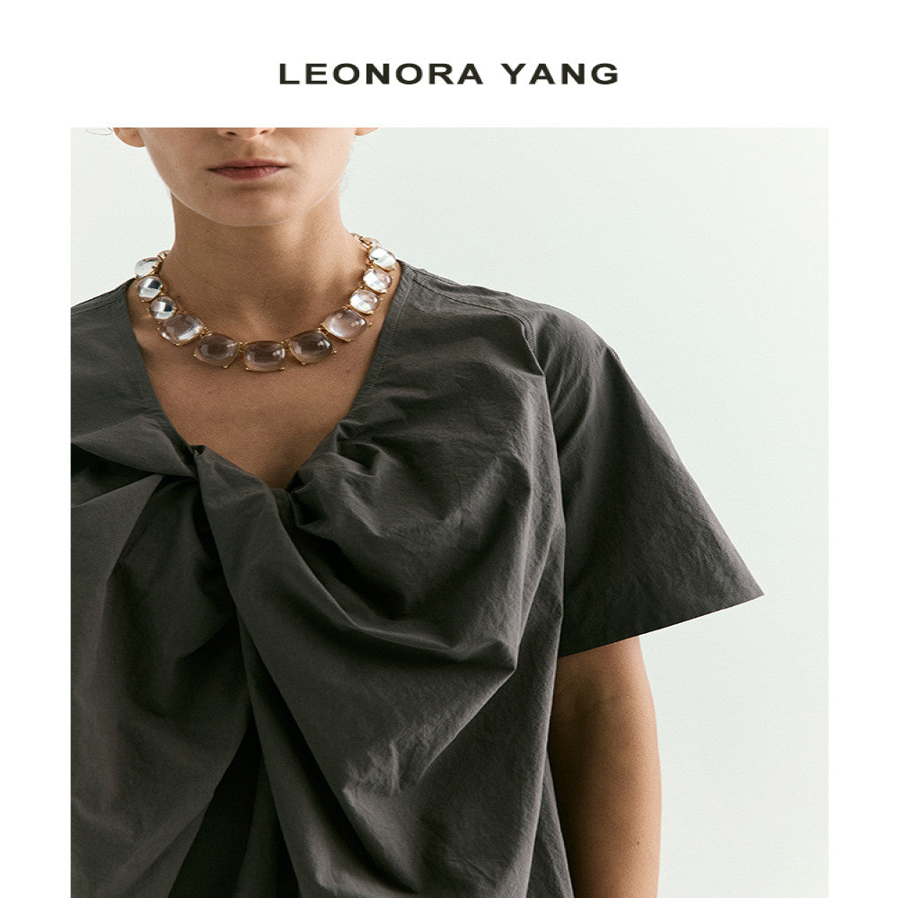 LEONORA YANG 24SS original niche stand cut twisted pleated V neck loose French dress for women s summer luxury image 2