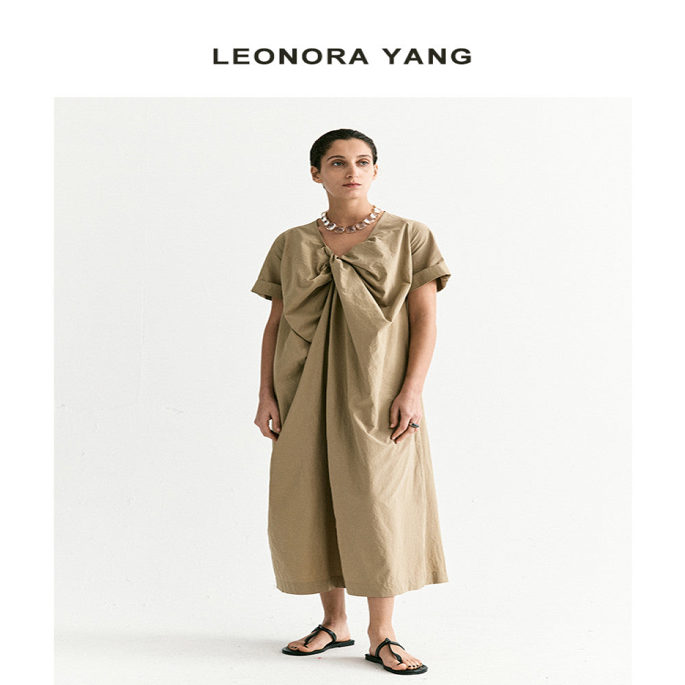 LEONORA YANG 24SS original niche stand cut twisted pleated V neck loose French dress for women s summer luxury image 3