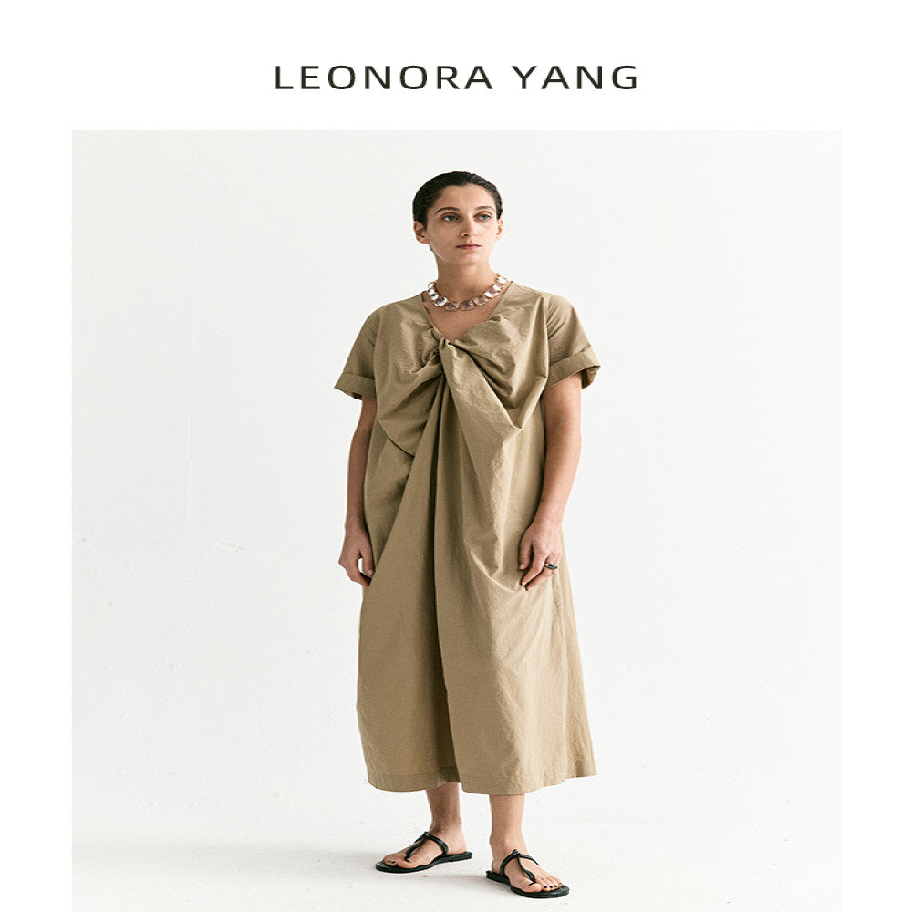 LEONORA YANG 24SS original niche stand cut twisted pleated V neck loose French dress for women s summer luxury image 7