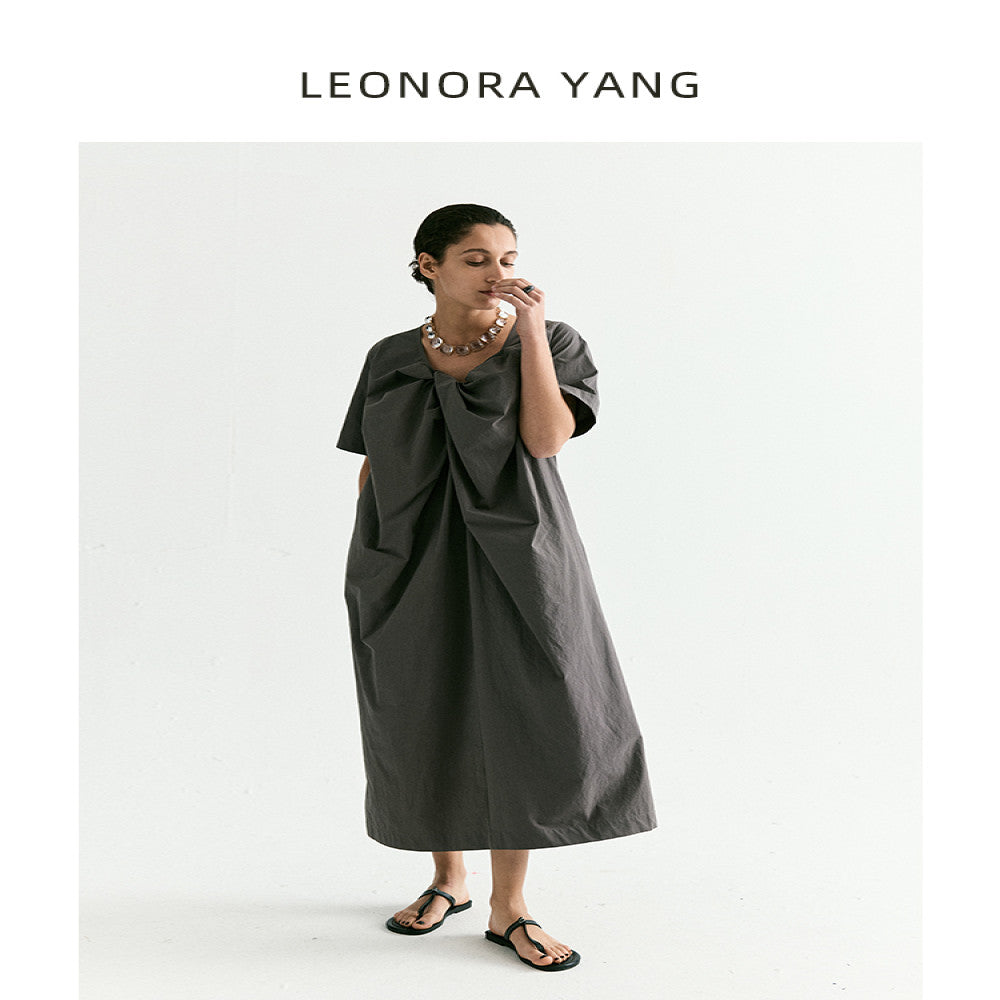LEONORA YANG 24SS original niche stand cut twisted pleated V neck loose French dress for women s summer luxury image 12