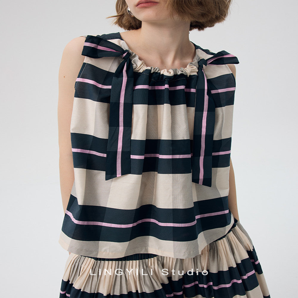 LINGYLI Summer Series Madras plaid cotton polyester yarn dyed sleeveless top pleated umbrella skirt set image 8