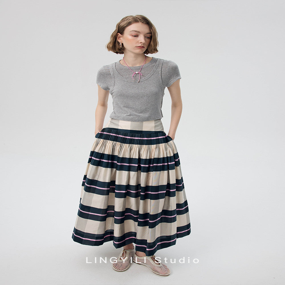 LINGYLI Summer Series Madras plaid cotton polyester yarn dyed sleeveless top pleated umbrella skirt set image 14