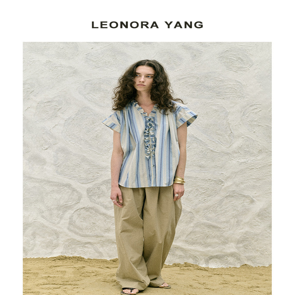 ASAYA3504 Blue Cotton dropped shoulder sleeves wood ear design striped shirt