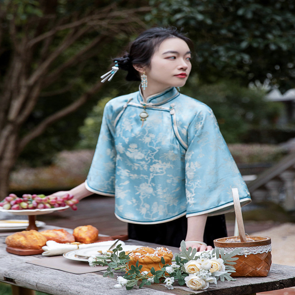 Yubing Qu Fu Xia New Chinese style Republic of China style Top Cheongsam Buckle Retro One piece Inverted Large Sleeve High end Style image 0