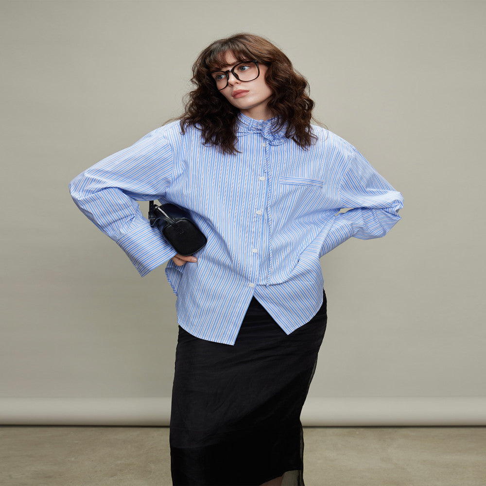 3ONE2025 autumn design sense niche rose stripe loose shirt miu style silhouette sun protection top for women image 7