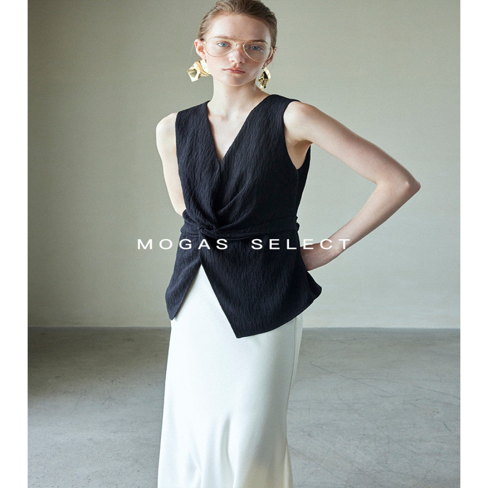Ready Stock Mogas Dujia Customized Beauty Wrinkle Vest with Waist and Three Dimensional Twist V Neck Sleeveless Top Summer image 4