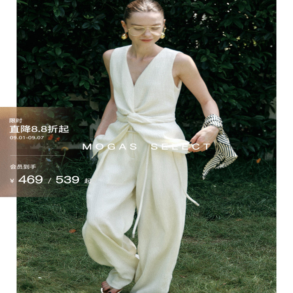 Ready Stock Mogas Dujia Customized Beauty Wrinkle Vest with Waist and Three Dimensional Twist V Neck Sleeveless Top Summer image 0