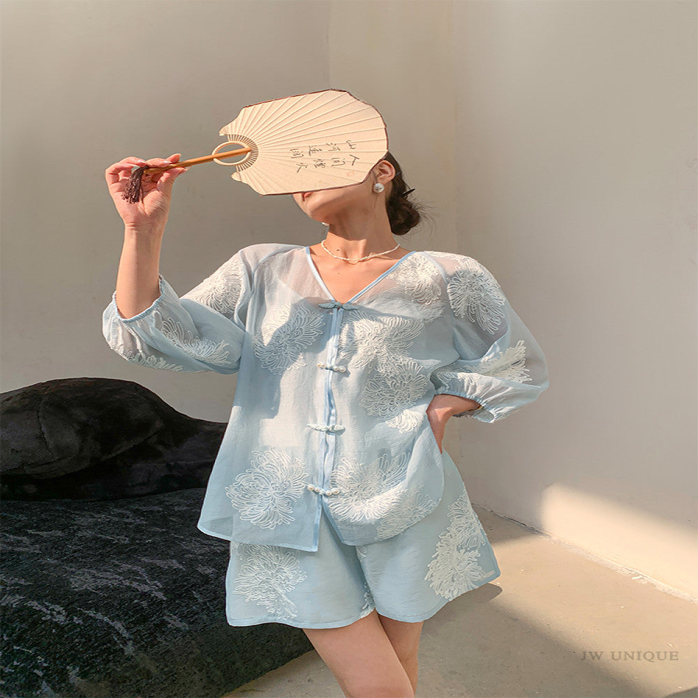 JWUNIQUE dimple blue new Chinese style two piece suit women s autumn 2025 shirt top skirt shorts image 2