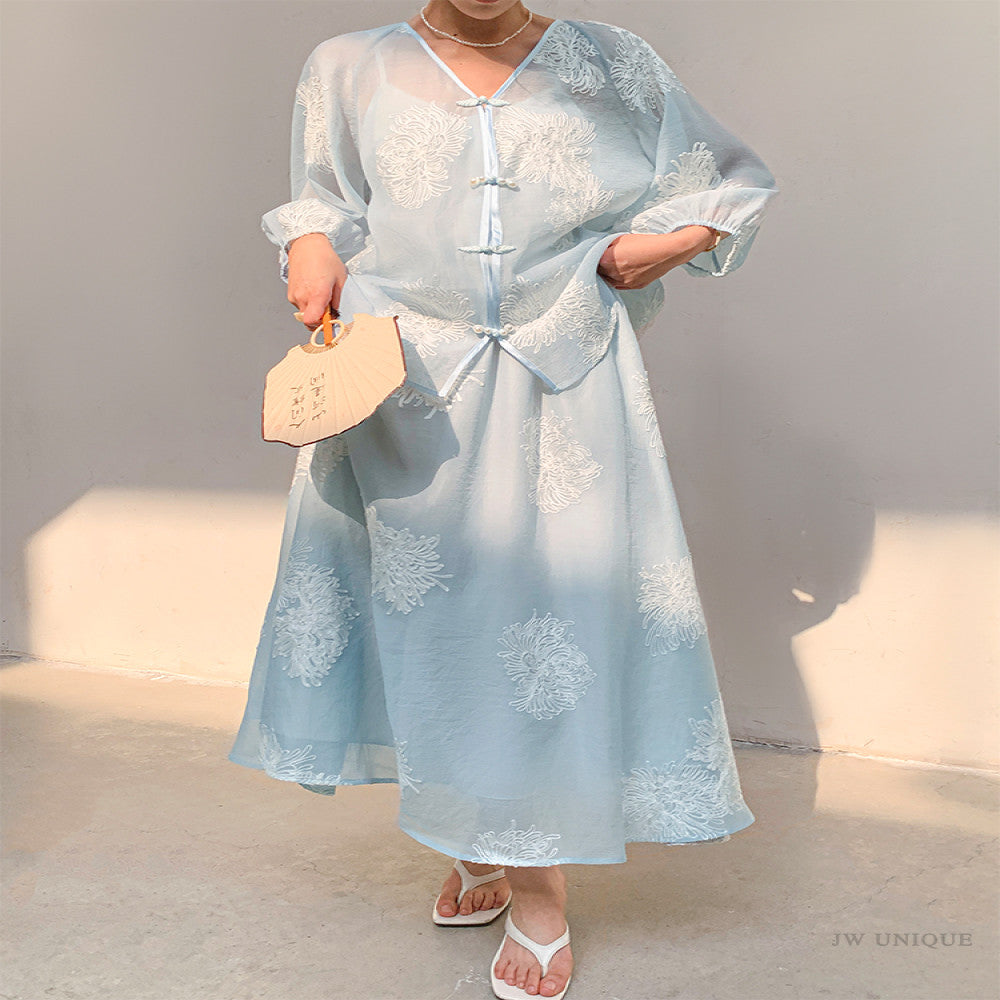 JWUNIQUE dimple blue new Chinese style two piece suit women s autumn 2025 shirt top skirt shorts image 4