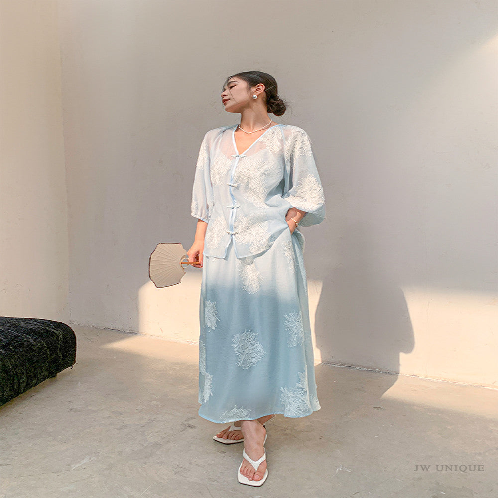 JWUNIQUE dimple blue new Chinese style two piece suit women s autumn 2025 shirt top skirt shorts image 5