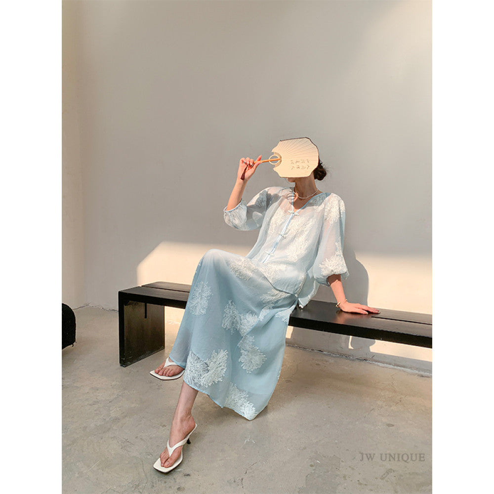 JWUNIQUE dimple blue new Chinese style two piece suit women s autumn 2025 shirt top skirt shorts image 7