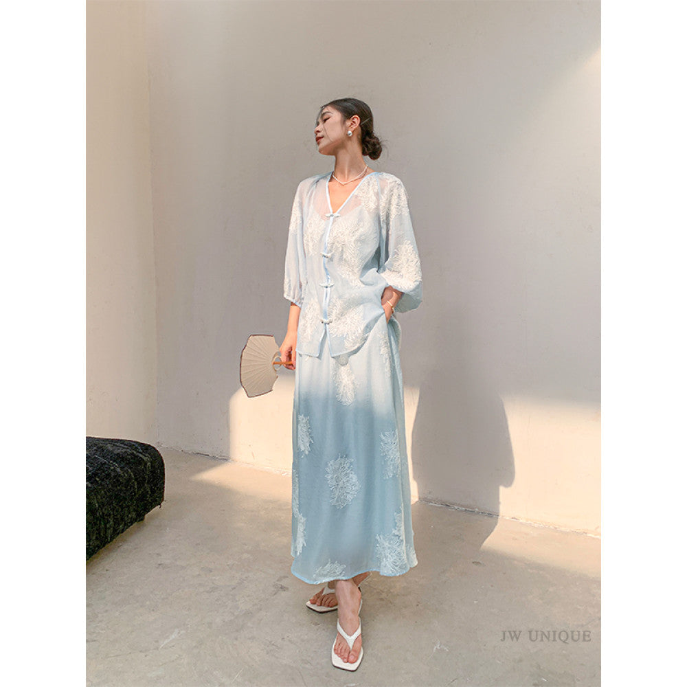 JWUNIQUE dimple blue new Chinese style two piece suit women s autumn 2025 shirt top skirt shorts image 24