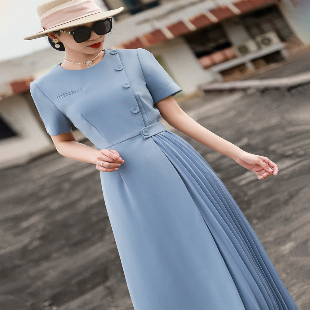 Lanser 2025 Summer New Style Elegant Commuter Short Sleeve Solid Color Waist Fold Splicing Dress for Women image 3