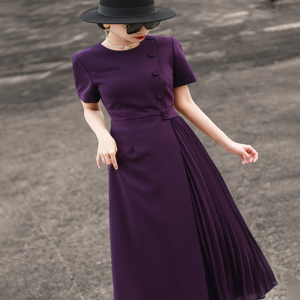 Lanser 2025 Summer New Style Elegant Commuter Short Sleeve Solid Color Waist Fold Splicing Dress for Women image 5