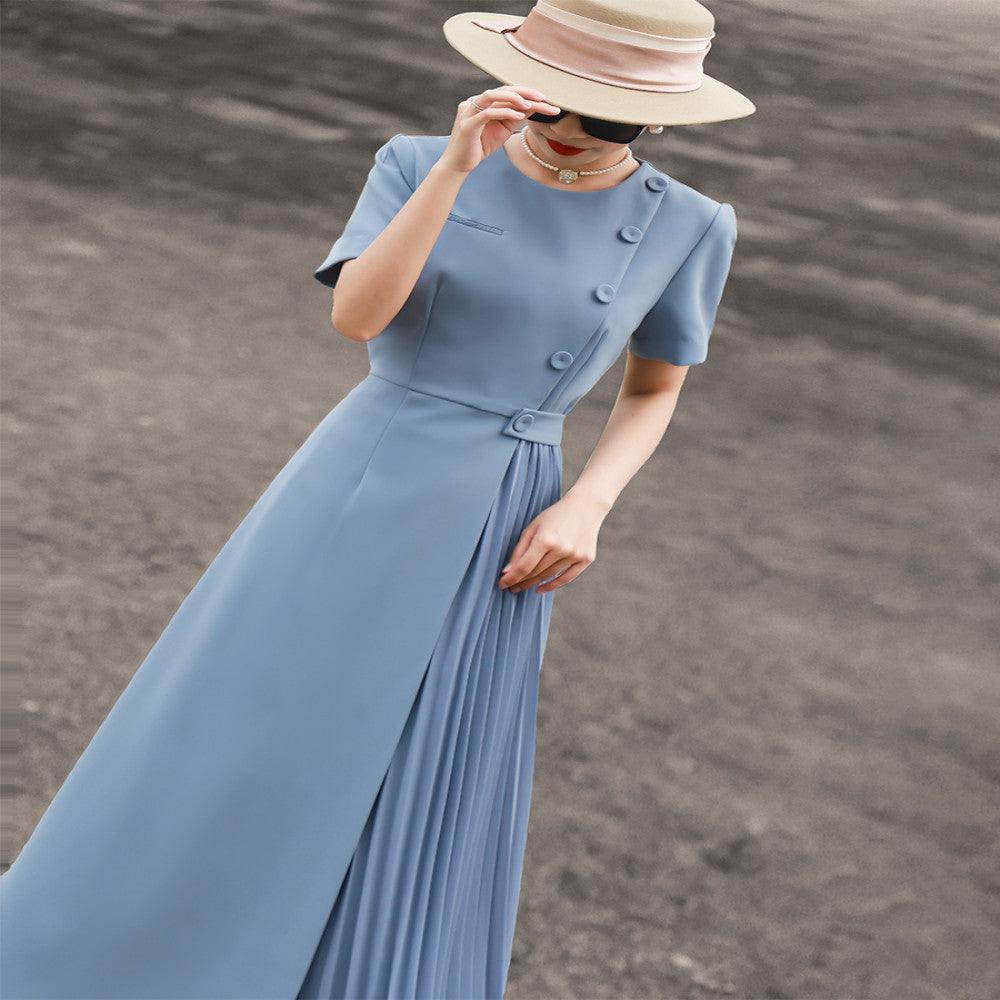 ASAYA3490 short-sleeved solid color waist pleated stitching dress