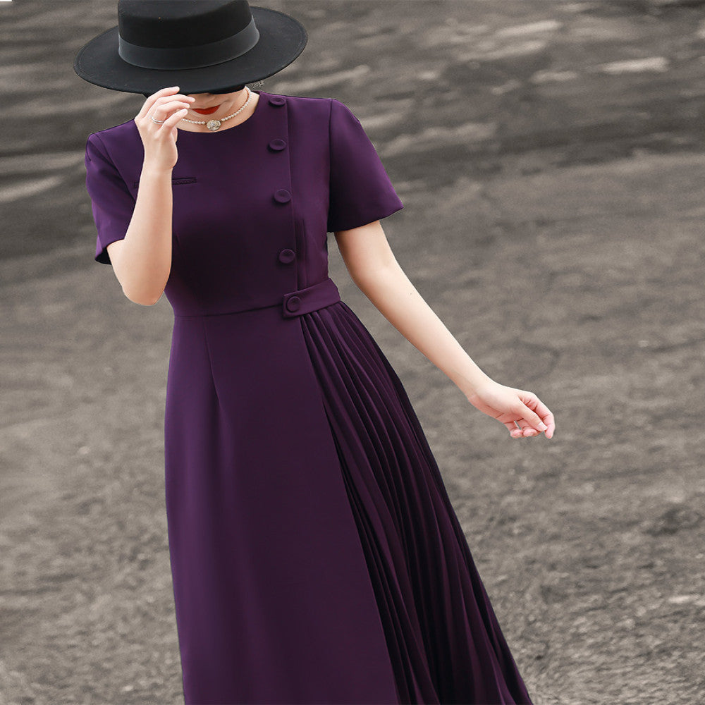 Lanser 2025 Summer New Style Elegant Commuter Short Sleeve Solid Color Waist Fold Splicing Dress for Women image 18