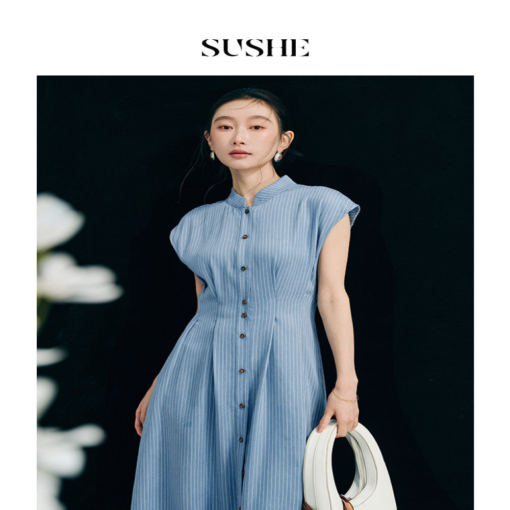 SUSHE Cool Cloud Soft New Tencel Blue and White Striped Shoulder Sleeve French Waist A Line Dress for Women image 2