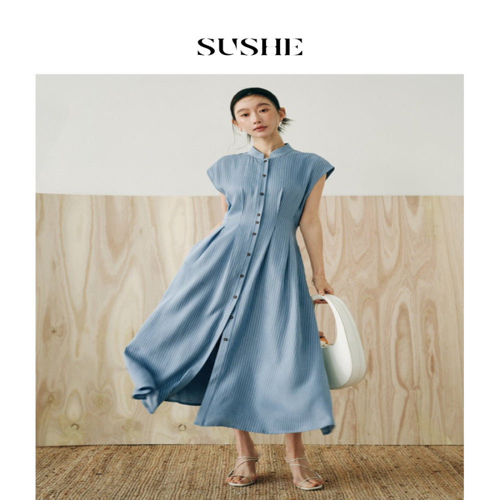 SUSHE Cool Cloud Soft New Tencel Blue and White Striped Shoulder Sleeve French Waist A Line Dress for Women image 3