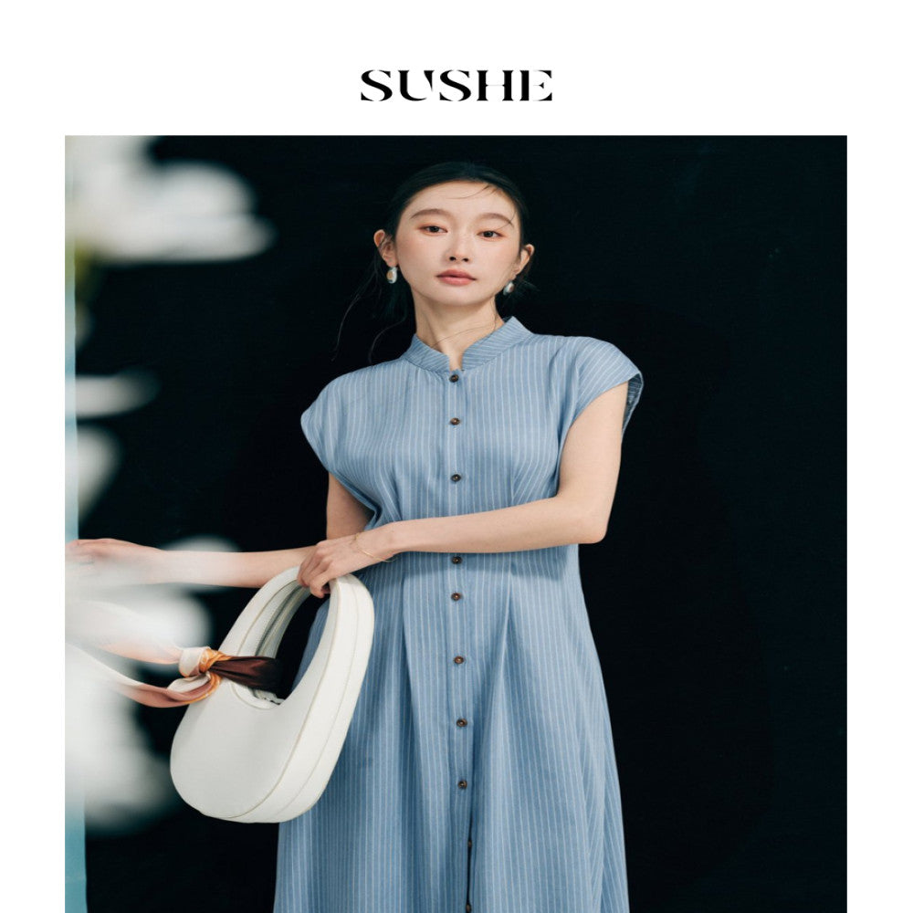 SUSHE Cool Cloud Soft New Tencel Blue and White Striped Shoulder Sleeve French Waist A Line Dress for Women image 4