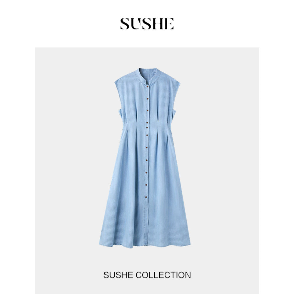 ASAYA3487 Cool Cloud Soft New Tencel Blue and White Striped Shoulder Sleeve French Waist A-Line Dress