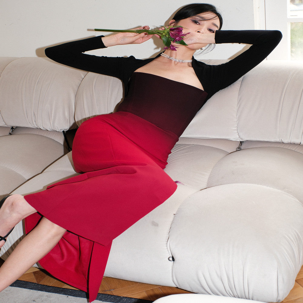 Overheated red gradient strapless dress women s high end sense niche long dress toast dress engagement dress three values image 3