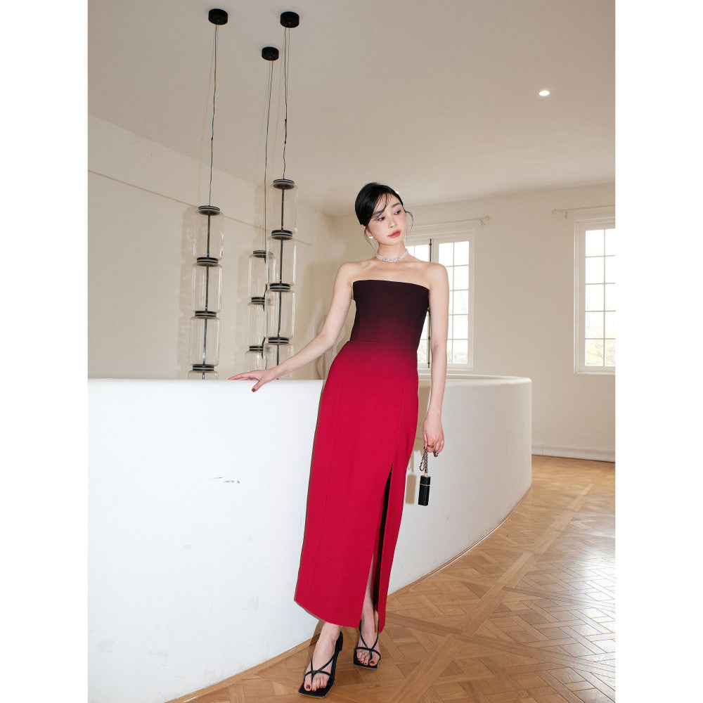 Overheated red gradient strapless dress women s high end sense niche long dress toast dress engagement dress three values image 4