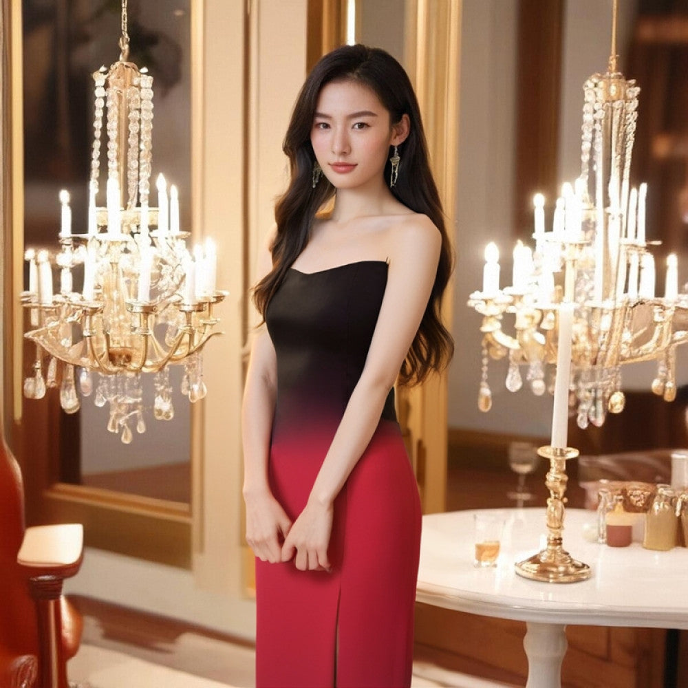 Overheated red gradient strapless dress women s high end sense niche long dress toast dress engagement dress three values image 5