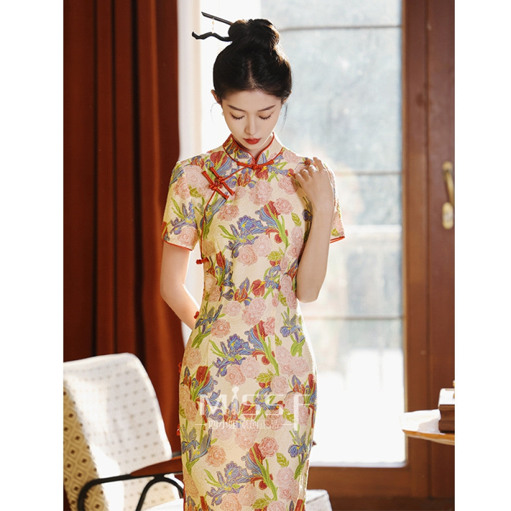 ASAYA3472 Chinese style short sleeve cheongsam with low slit