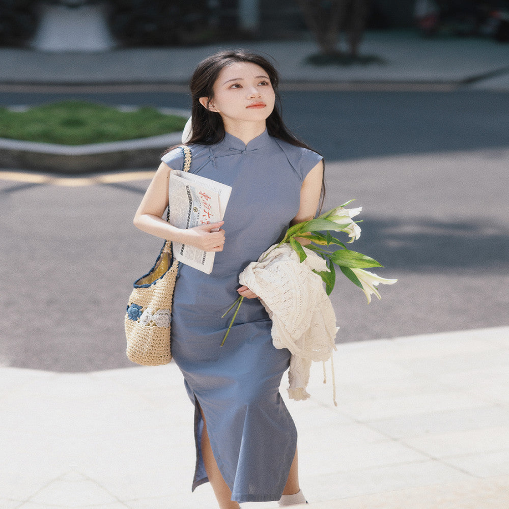 Momo Spring and Summer Small Sleeves with Semi Open Skirts Medium Length Retro Daily Solid Color Hemp Cotton Cheongsam Southwest image 14
