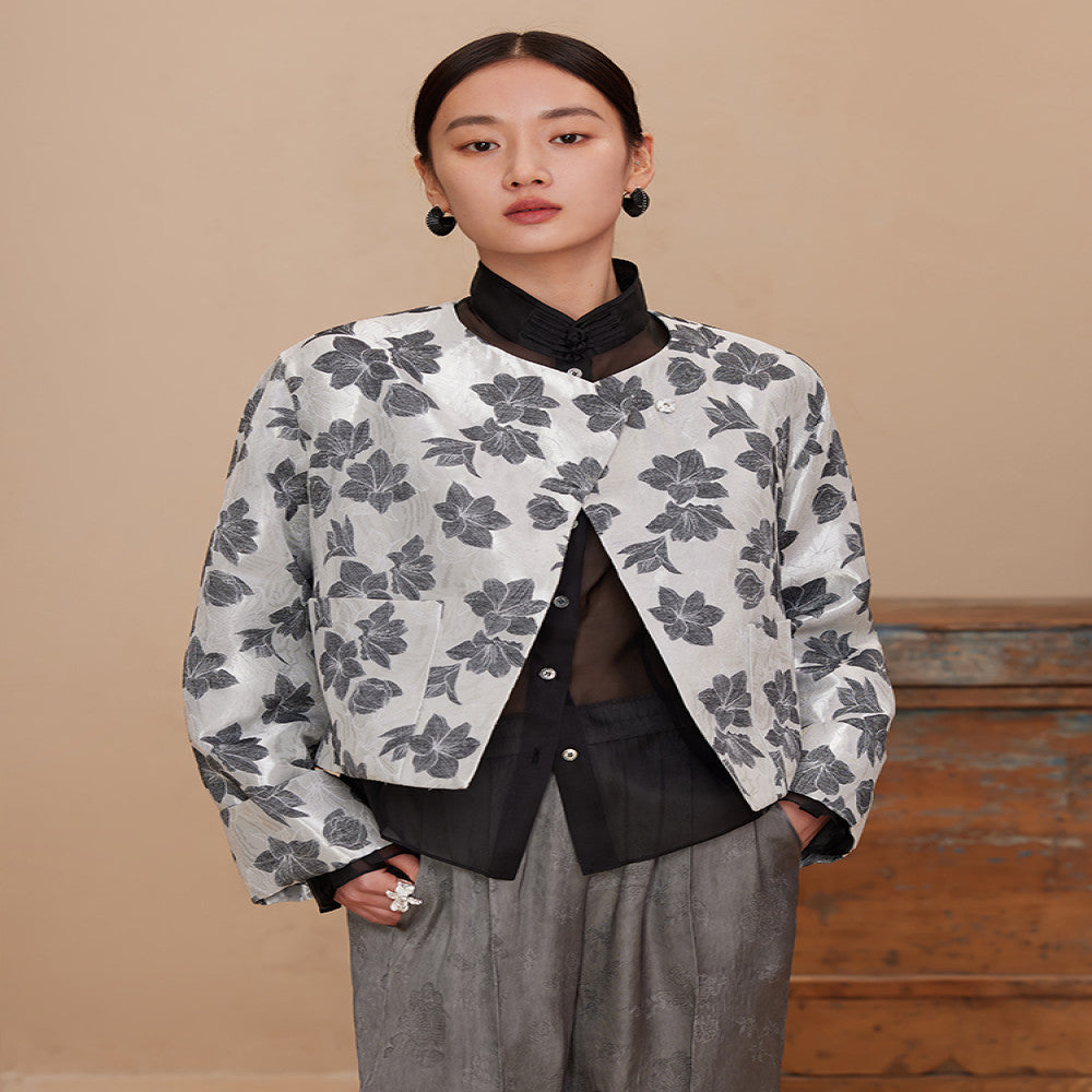 Ruyi Lianyun Spring and Autumn New Round Neck Slant Hemp Jacquard Short Coat Women s Chinese Style Retro New Chinese Style Falling Shoulder Sleeve Top image 1