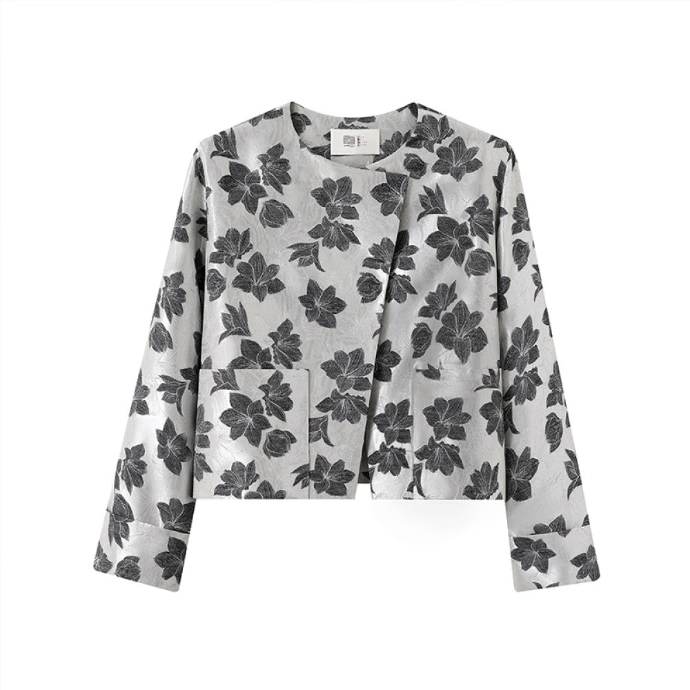 Ruyi Lianyun Spring and Autumn New Round Neck Slant Hemp Jacquard Short Coat Women s Chinese Style Retro New Chinese Style Falling Shoulder Sleeve Top image 8