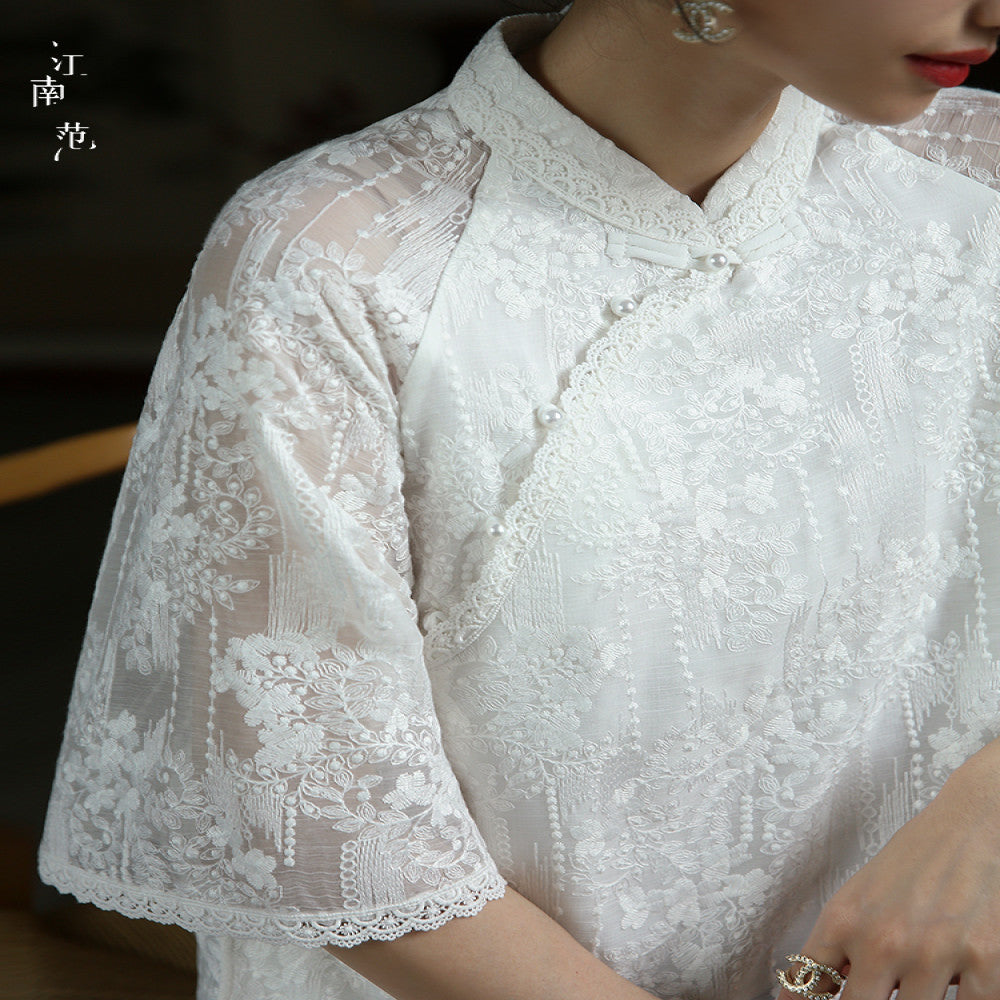 Jiangnan style white lace modified cheongsam short top Republic of China style retro elegant fresh tea dress blouse image 1