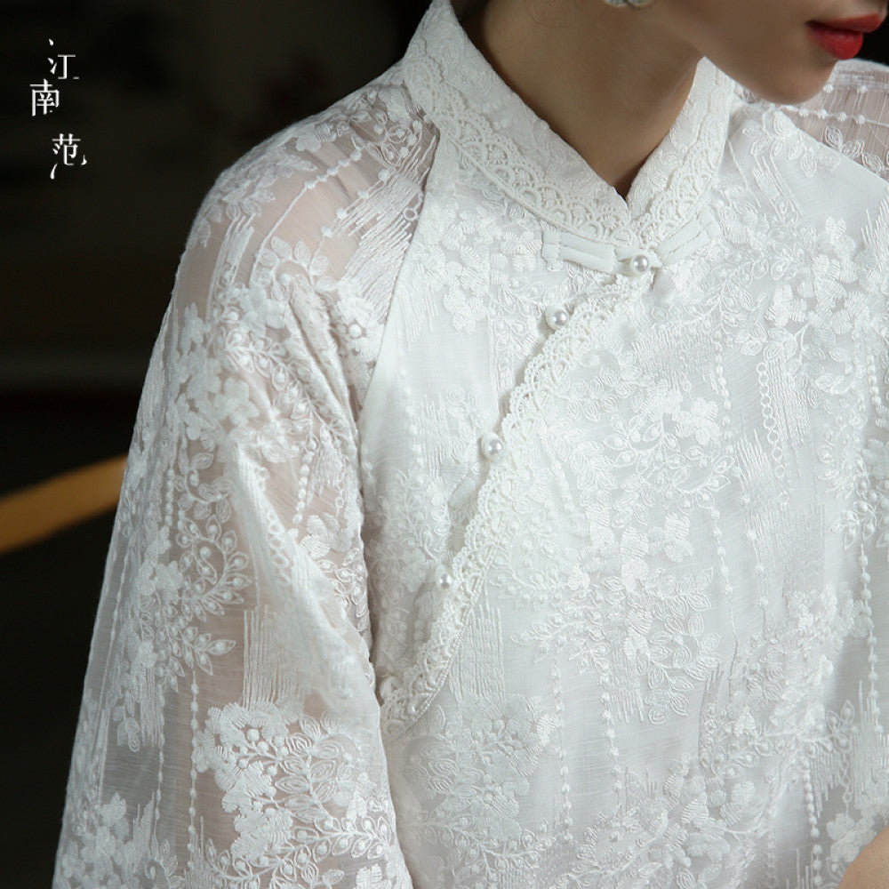Jiangnan style white lace modified cheongsam short top Republic of China style retro elegant fresh tea dress blouse image 13