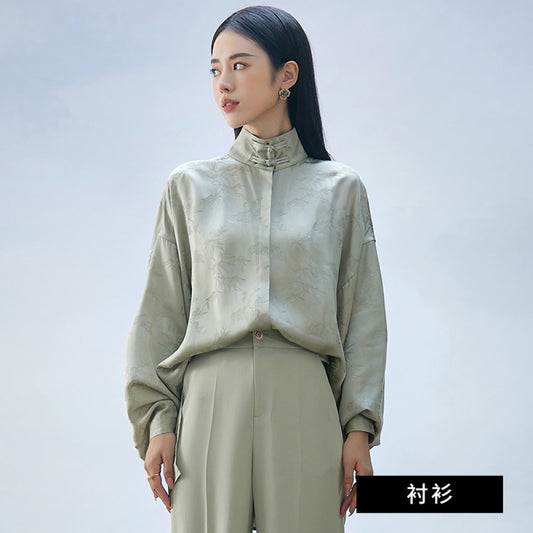 ASAYA3421 Chinese style silk stand collar shirt female retro top