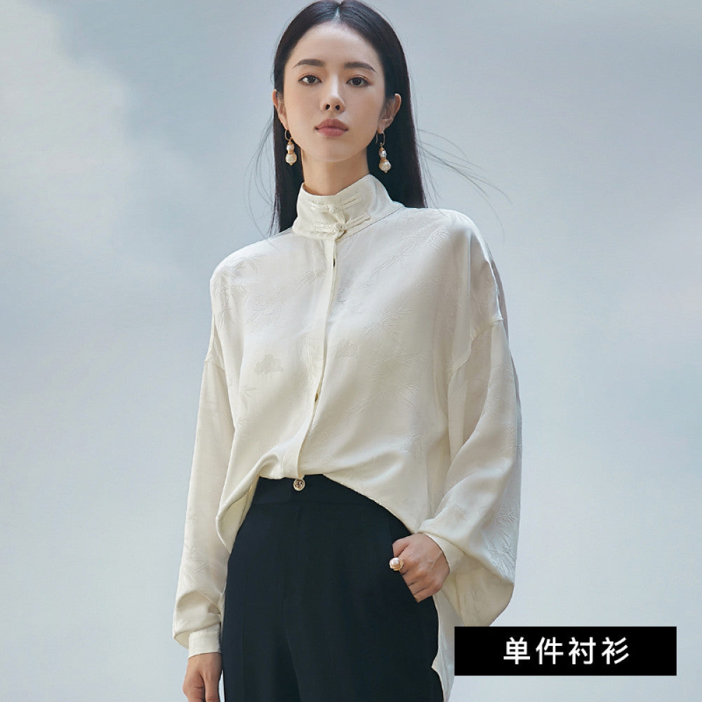 ASAYA3421 Chinese style silk stand collar shirt female retro top