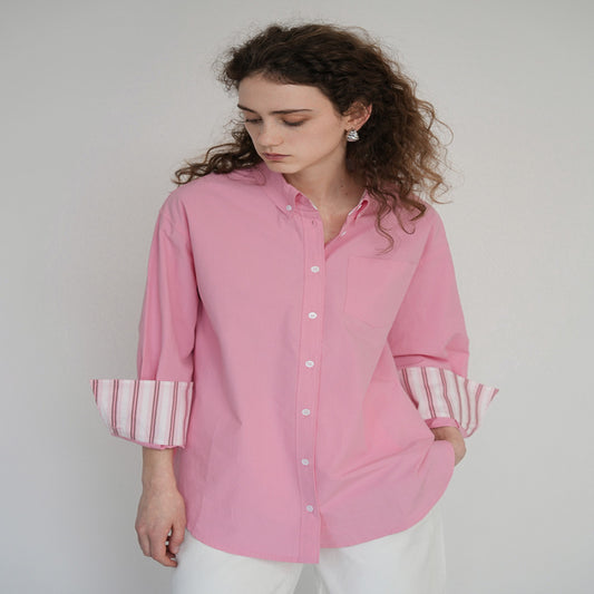 ASAYA3418 Summer pink cotton shirt with striped cuffs, simple design, age-reducing commuting sunscreen shirt