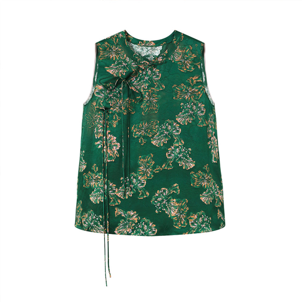 ASAYA3413 Summer silk blended oblique lapel jacquard shirt women‘s new Chinese style lace-up buttoned top