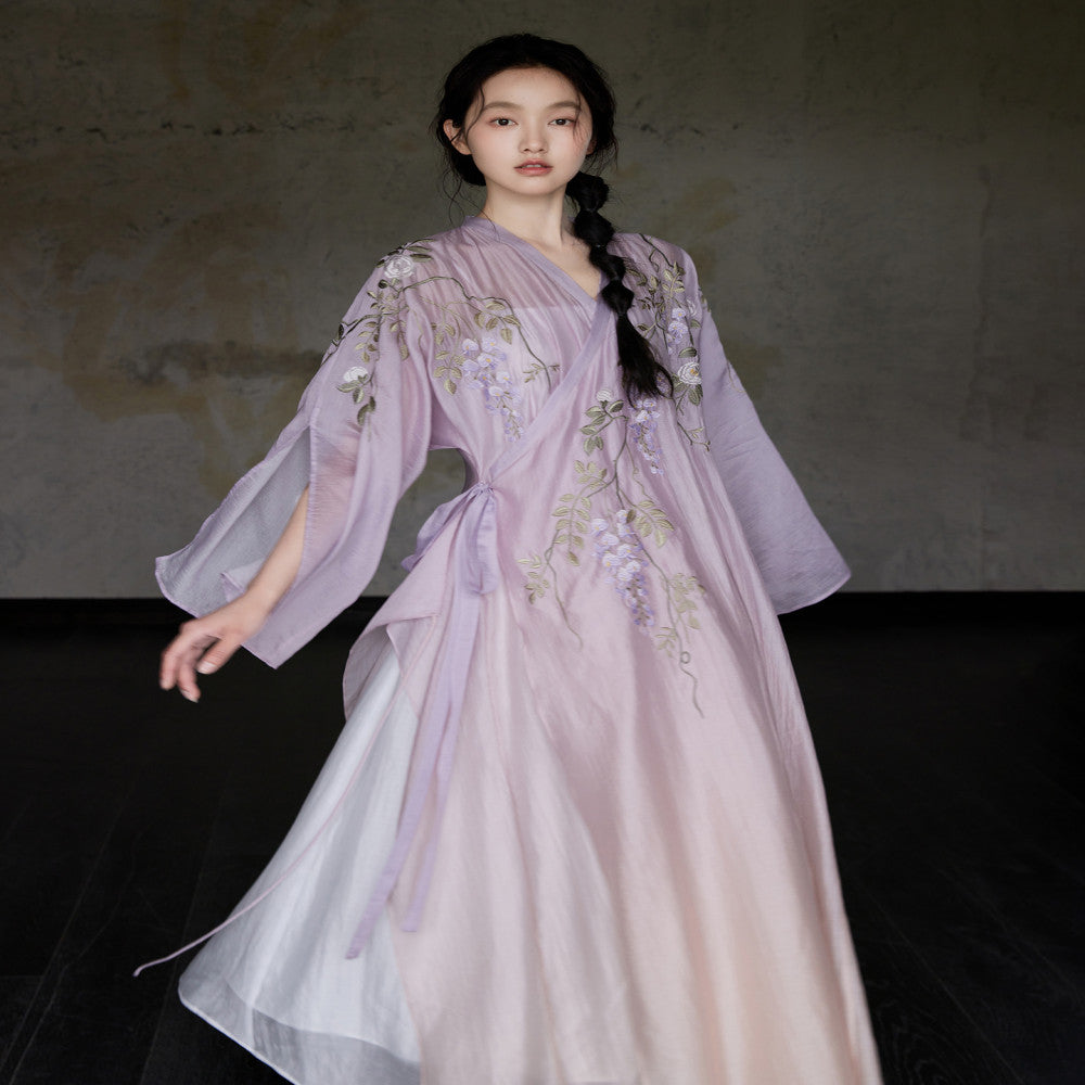 Hand drawn wisteria camellia embroidery custom lilac gradient Chinese style robe with strapless suspender skirt sold out and not restocked image 7