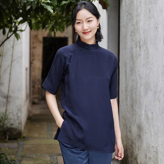 ASAYA3393 Heavy silk and crepe satin Chinese retro oblique collar top