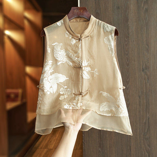 ASAYA3391 Khaki high-end silk Chinese style Qipao Vest (Summer Style) with embroidery mulberry silk