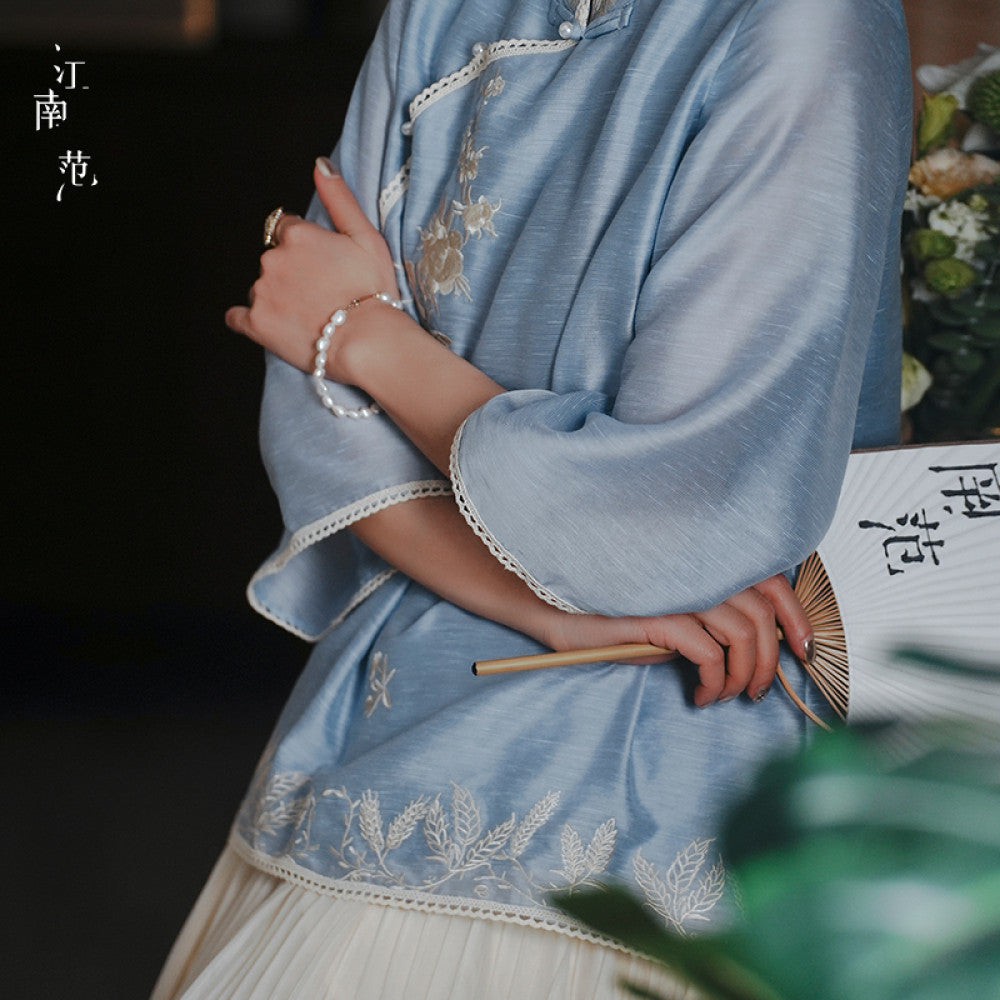 ASAYA3383 Blue cheongsam top embroidered top, 3 quarter sleeves