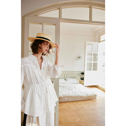 ASAYA3375 White Vacation Relaxed Drawstring Shirt