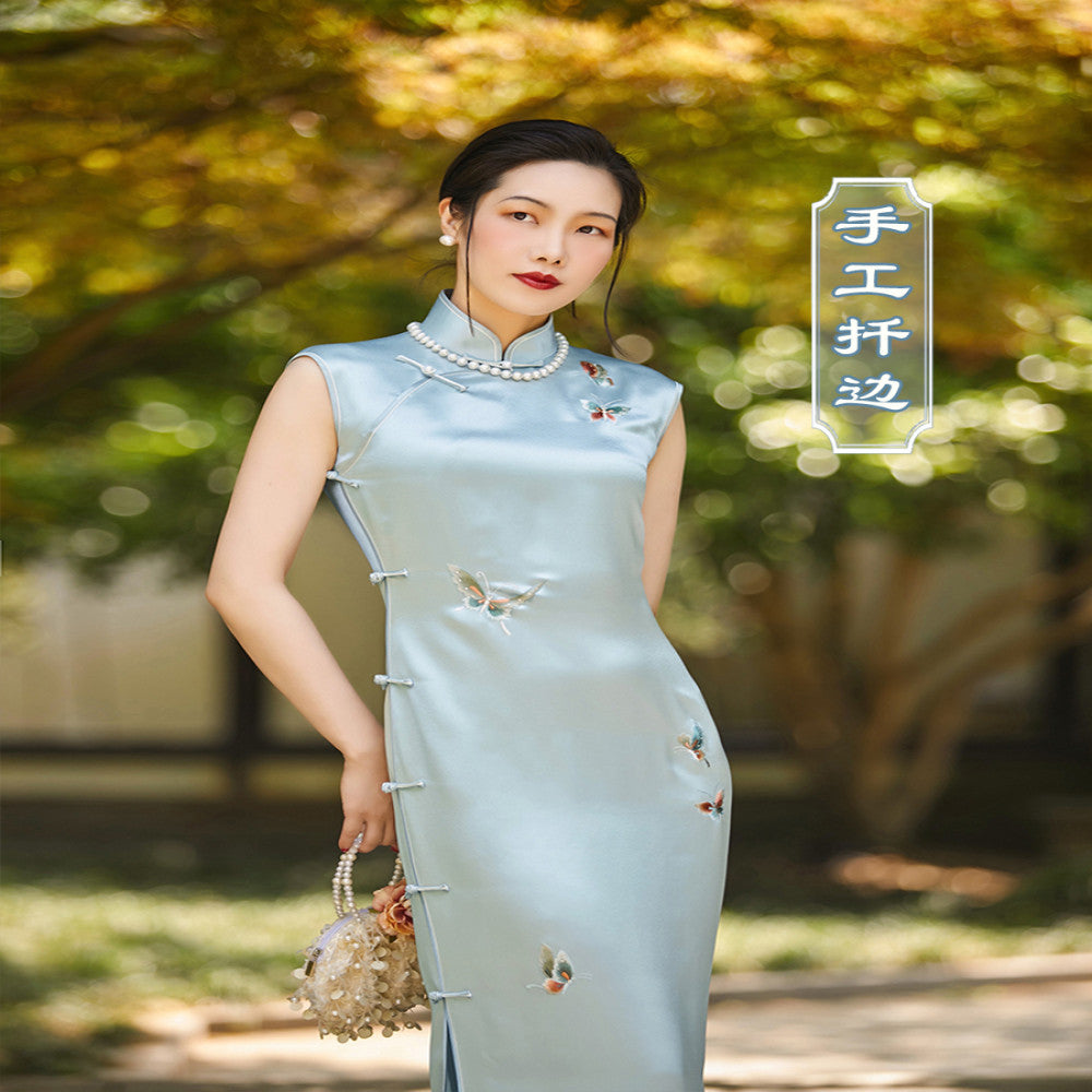 Blue water soluble top ulara hand push embroidery acetic acid spring summer style retro embroidery ancient method fully open no province cheongsam image 1