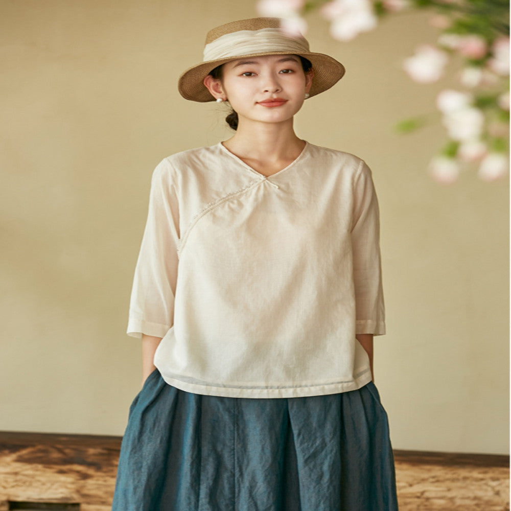 Wanlang Jixiangyu er Original Cotton Handmade Hook Lace Cross Collar Buckle Art New Chinese style Small Top for Women image 1