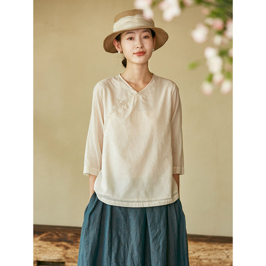 ASAYA3366 cotton hand-crocheted lace cross-collar buttoned literary new Chinese style top