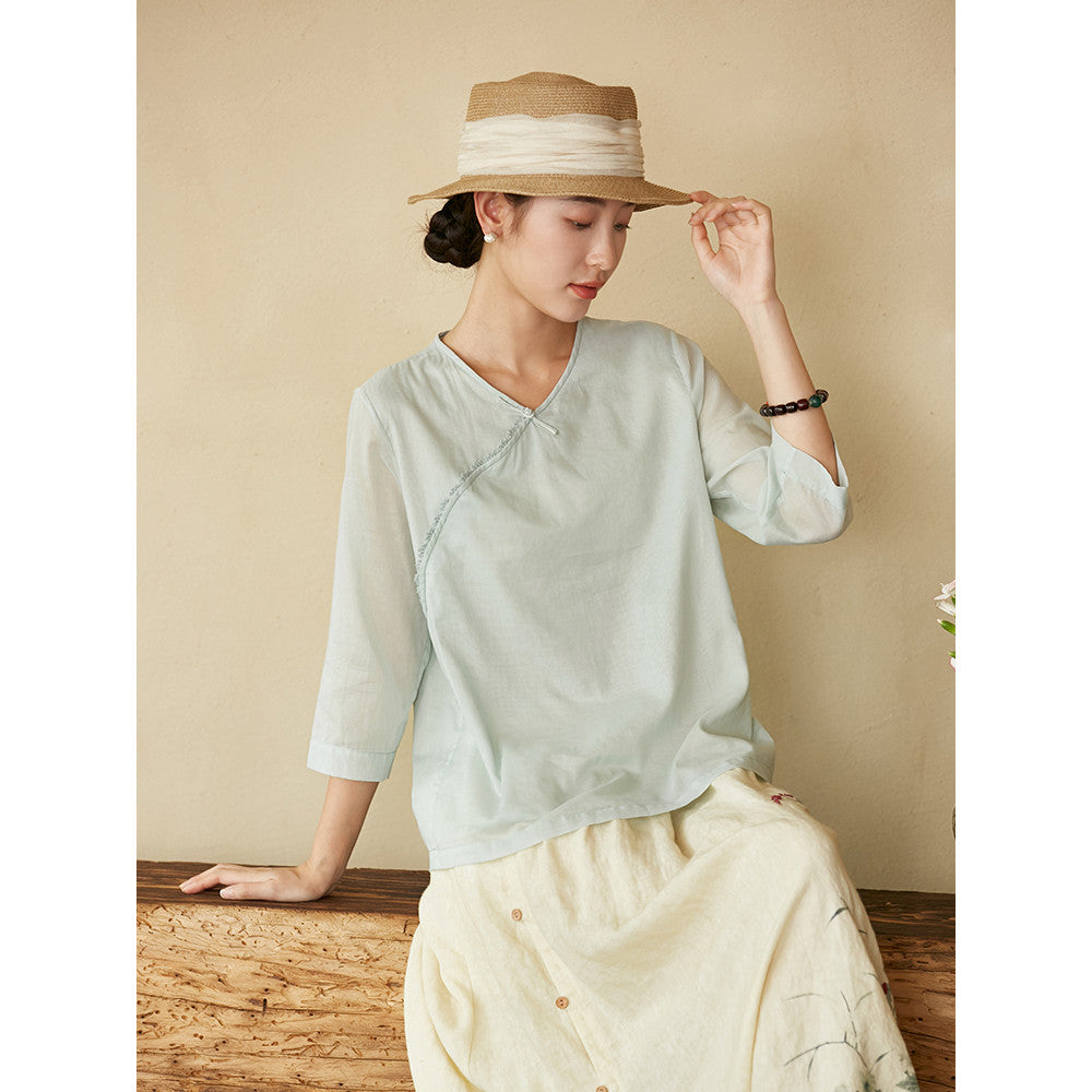 ASAYA3366 cotton hand-crocheted lace cross-collar buttoned literary new Chinese style top